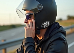 The rider is wearing a s-11 Bluetooth intercom and driving on the highway, looking relaxed