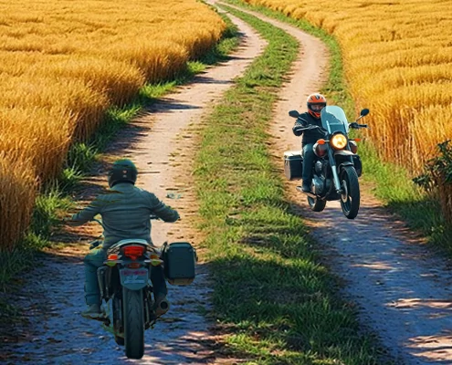 Motorcyclists riding on the winding mountain road