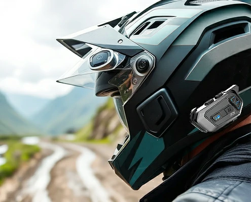 Rider wearing a helmet with a bluetooth intercom